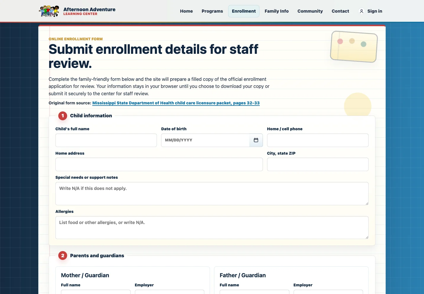 Afternoon Adventure online enrollment form