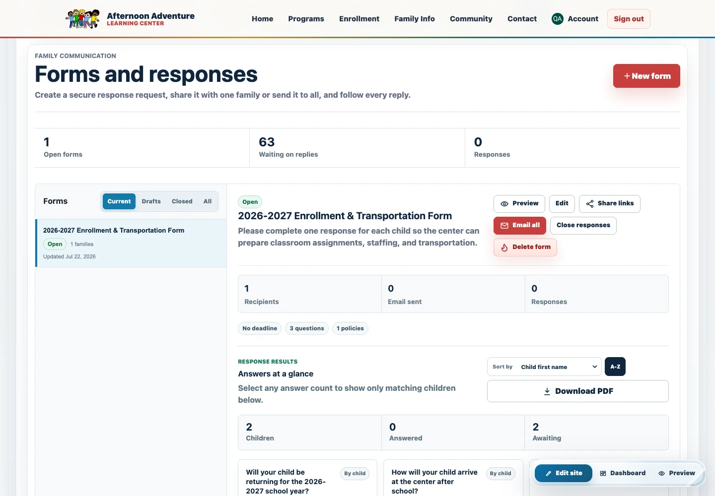 Afternoon Adventure family forms and response management workspace