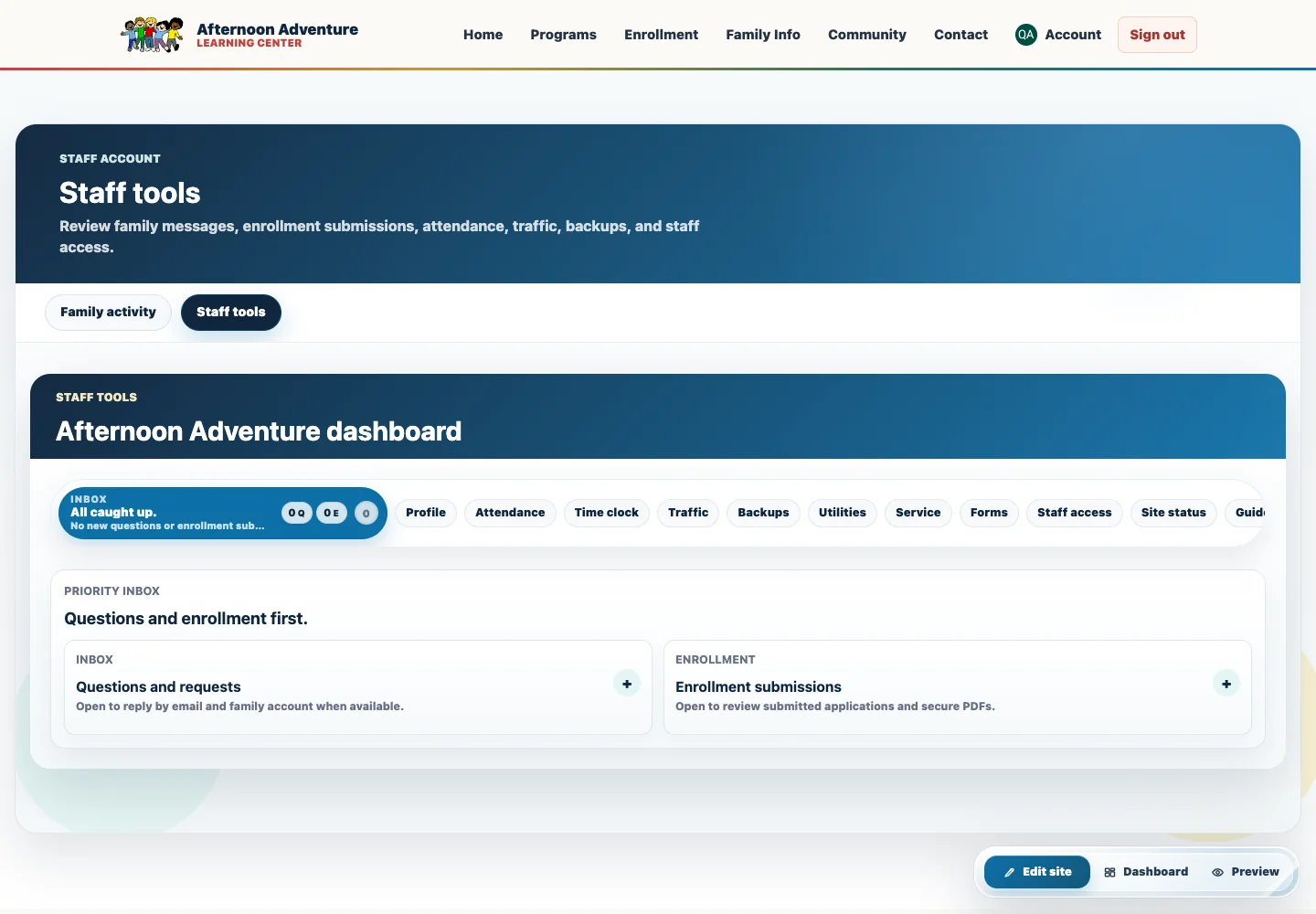 Afternoon Adventure staff dashboard with role-aware operational tabs