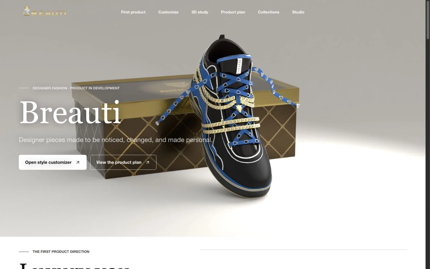 Breauti Fashion website showing the first sneaker and its presentation box
