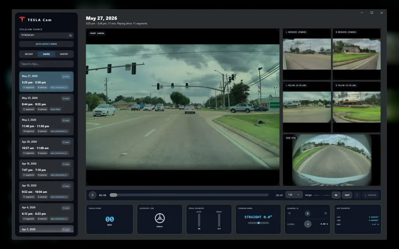 TeslaCamViewer multi-camera playback and vehicle telemetry dashboard
